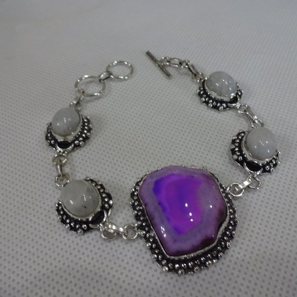Gorgeous "SOLAR AGATE & MOONSTONE" Handmade Sterling Bracelet 7 1/4" 471A - Picture 3 of 3